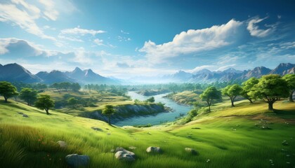 A beautiful panoramic view of mountains and a lush green landscape with a clear sky and scattered clouds