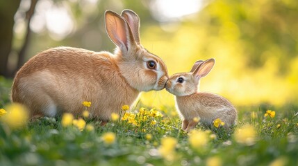 Obraz premium Mother rabbit kissing baby bunny in spring flowers
