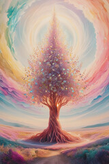  A mysterious towering tree with pastel colors