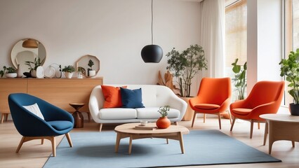Cozy Scandinavian interior with a white sofa, bold orange and blue armchairs, complemented by a minimalist wooden