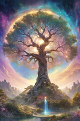 A mysterious towering tree with pastel colors