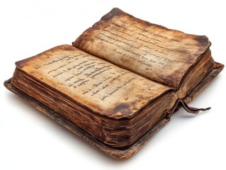 Fototapeta premium vintage ledger book open with elegantly handwritten entries on aged parchment, surrounded by a soft focus, evoking nostalgia and history, isolated against a clean white background