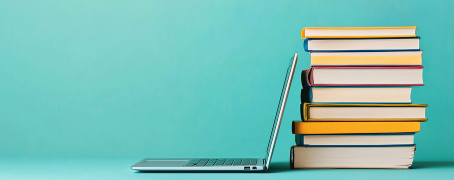 Laptop beside a stack of colorful books on a blue background.