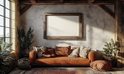 Fototapeta premium A cozy living space featuring a rustic couch adorned with pillows, potted plants, and a large empty frame on a textured wall.