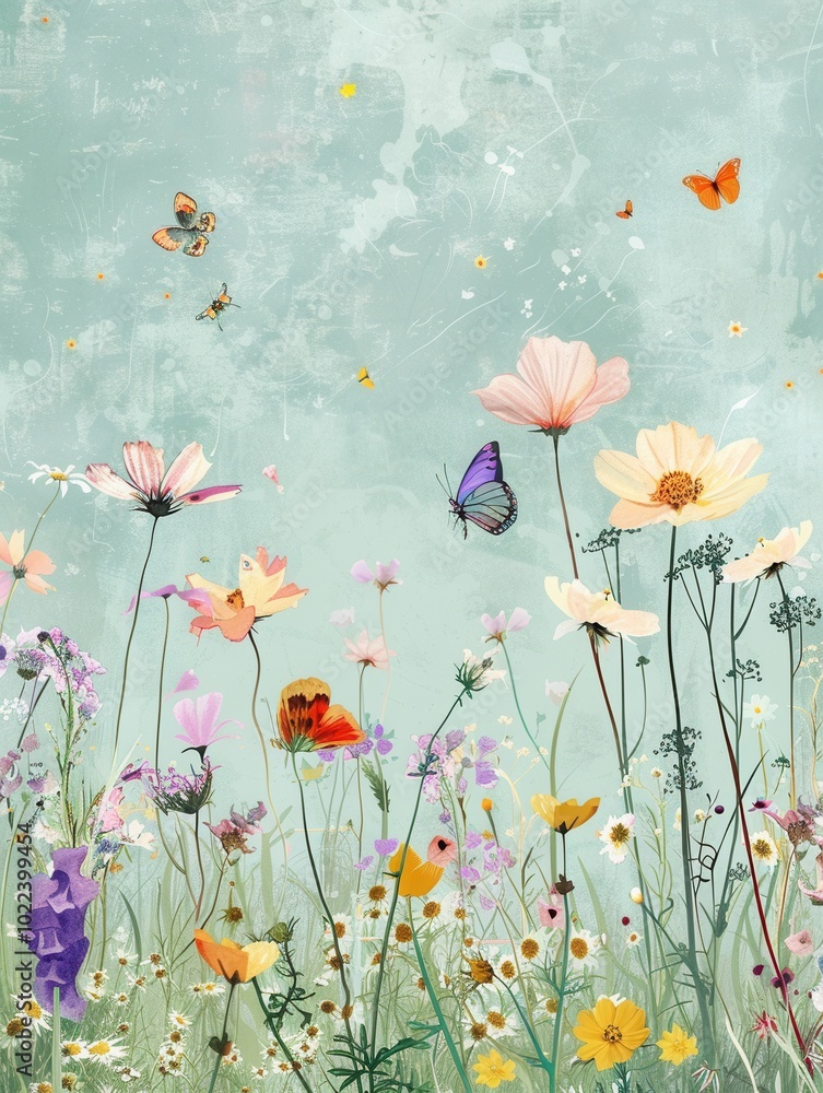 Poster colorful meadow flowers bloom while butterflies dance around them, creating a lively and enchanting 