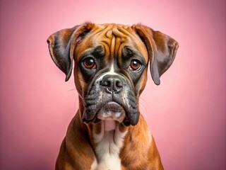 Fototapeta premium Cute Brown Boxer Dog Portrait on Pink Background - Adorable Dog Photography