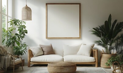 A serene living room with a neutral color palette, featuring a cozy sofa, a large empty frame, indoor plants, and woven decor elements for a natural touch.