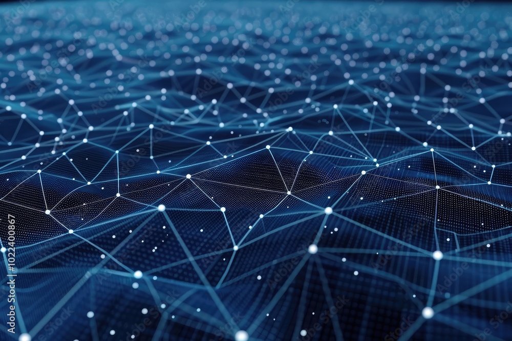 Poster abstract blue digital network with connected dots and lines.