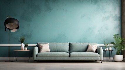 Modern living room in loft style, featuring a sofa near a grunge teal stucco wall with ample copy space.-