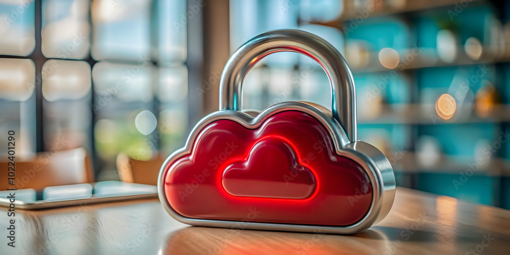 Poster glossy cloud lock icon on plain background: symbolizing security and competence in cloud development