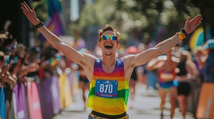 A man in a rainbow tank top runs with his arms outstretched towards a crowd, smiling and looking towards the camera.