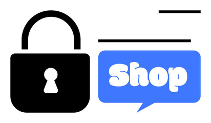 A black padlock and a blue speech bubble with the word Shop in white. Ideal for e-commerce, online security, shopping protection, cybersecurity, and digital marketplace safety. Simple vector style
