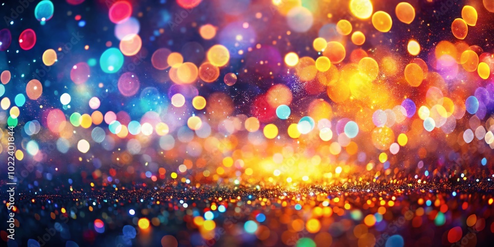 Poster dazzling blurry bokeh lights abstract background with sparkling particles in vibrant colors for urba
