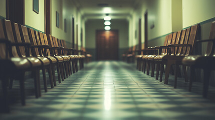 Old hospital waiting room with rows of wooden chairs and vintage patterned ceramic floor, dim neon lights provide cool lighting, AI generated images