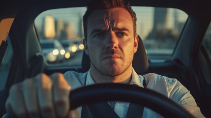 Obraz premium Close-up of a Man Driving a Car at Sunset