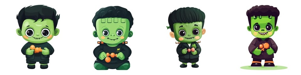 Cute cartoon characters resembling Frankenstein, featuring green skin, playful expressions, and different outfits while holding apples.
