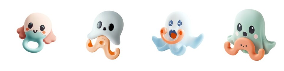 Four cute, cartoonish octopus figures with playful expressions and varied colors, perfect for children's toys or decorative elements.