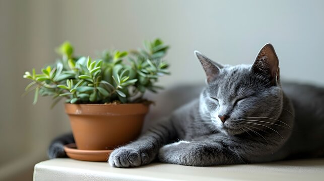 21. "A minimalist image with a white background featuring a single green cactus in a terracotta pot, with a grey cat stretching next to it