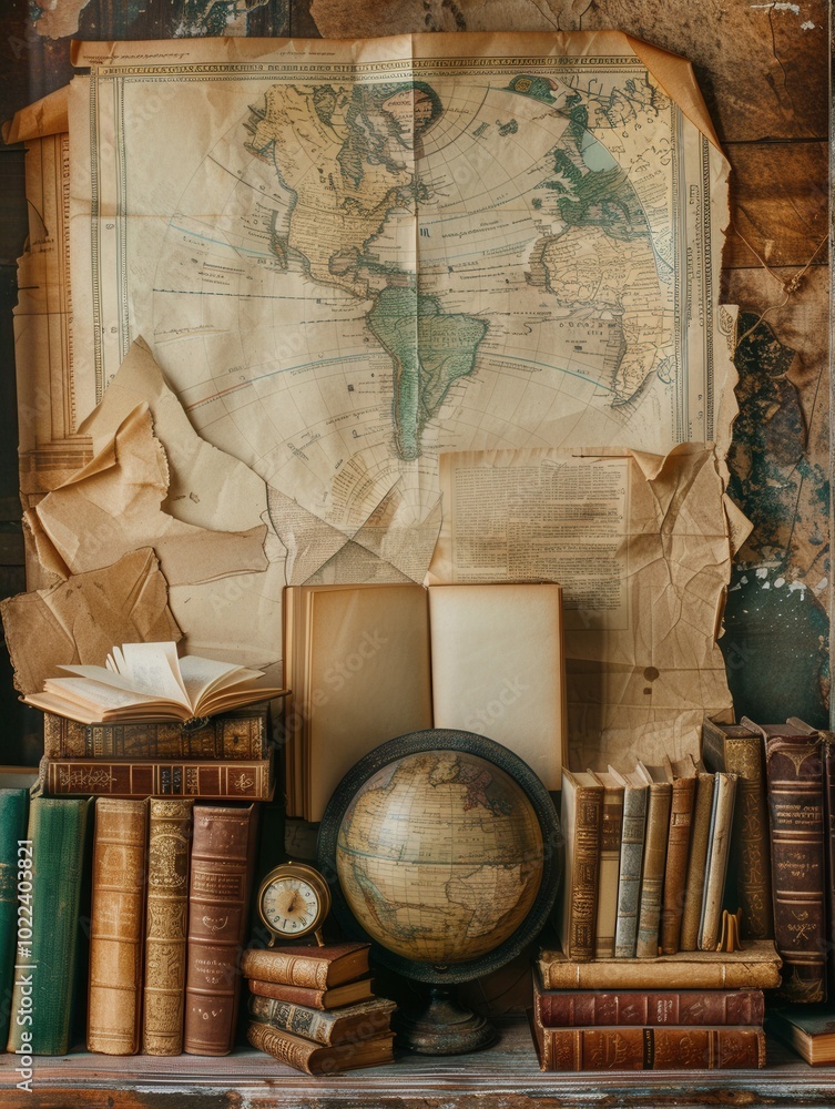 Poster a display of ancient texts, parchments, and artifacts arranged alongside a vintage globe and map in 