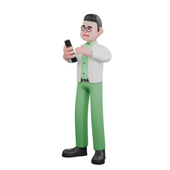 Illustration of Male Ecology Professional. A male biologist stands holding a cellphone in his left hand and his right hand is on the cellphone screen. 3D Biologist