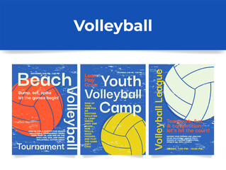 Beach volleyball camp league grunge poster design template set vector flat illustration