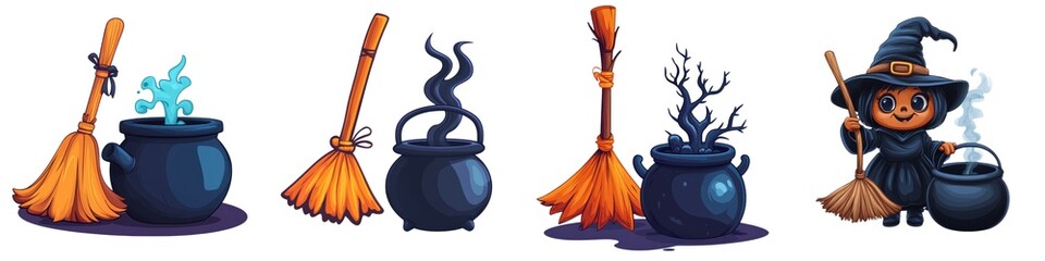 Obraz premium A whimsical illustration featuring four cauldrons with varied contents, accompanied by wooden brooms and a playful witch character.