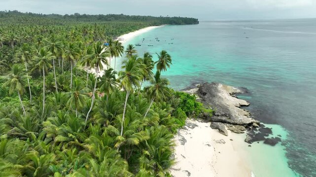 INDONESIA - 9.4.2024 - Excellent aerial footage moving down the palm tree-lined shoreline of Indonesia's Mandel beach towards a row of small boats.