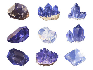 Fototapeta premium Collection of blue natural faceted crystals for design and digital media projects
