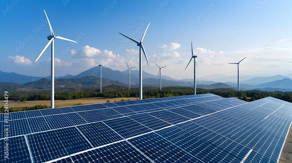 Poster Cutting edge renewable energy infrastructure including innovative solar panels and wind turbines working in harmony within a sleek and efficient smart grid system
