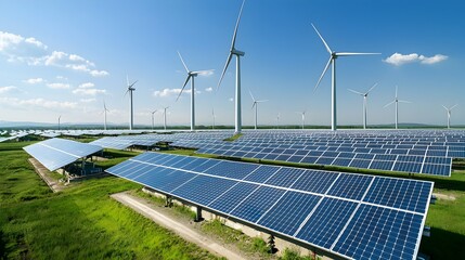 Renewable energy solutions powering a smart grid of solar panels and wind turbines to fuel the electrical grid of the future  Detailed engineering advanced machinery
