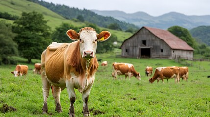 Obraz premium Serene countryside scene of a cattle farm with herd of cows grazing on lush green rolling hills with a traditional rustic barn in the background