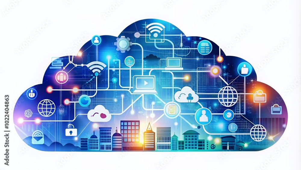 Poster double exposure ict banner concept with cloud, computing, and telecommunication icons for website us