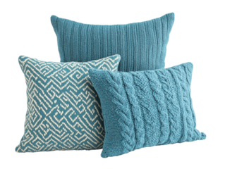 Cozy set of blue knitted square pillows for home decor and interior design