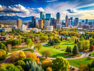 Fototapeta premium Downtown Denver Skyline with City of Cuernavaca Park in Tilt-Shift Photography Style