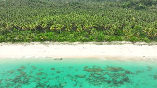 INDONESIA - 9.4.2024 - Amazing aerial view moving along Indonesia's palm tree-lined Mandel beach.
