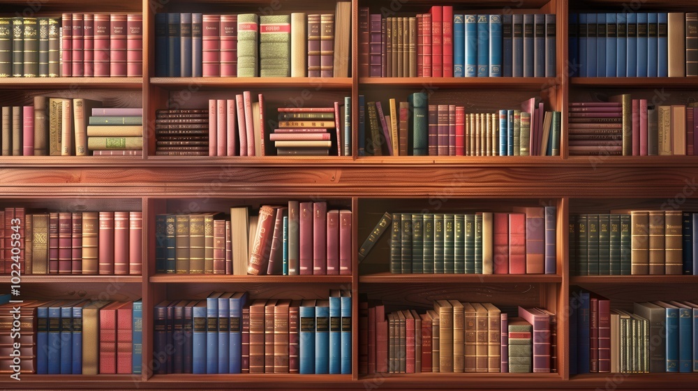 Fototapete The shelves are filled with a diverse array of textbooks and literature, creating an inviting atmosphere for study and research. Generative AI