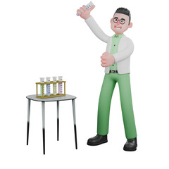 3D Illustrative Male Biologist. A male biologist stands next to a table with a rack of test tubes and holds up a test tube containing a liquid. Ecology Professional