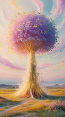  A mysterious towering tree with pastel colors