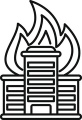 Simple line art icon of a city building being engulfed in flames