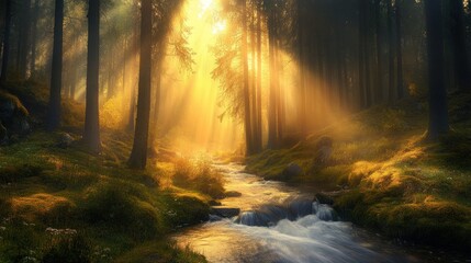 Obraz premium Sun rays illuminate a misty forest stream in a picturesque scene.
