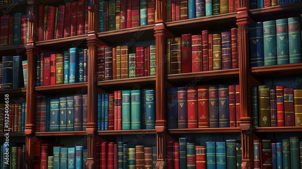 Poster wooden shelves display an array of textbooks and academic literature in a warm and inviting study du