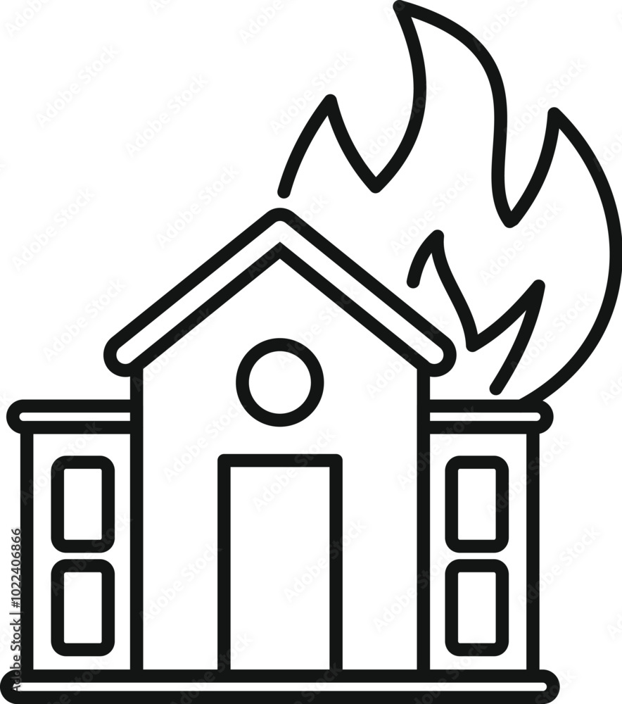 Poster simple line icon of a house on fire, representing concepts like insurance claims and property damage