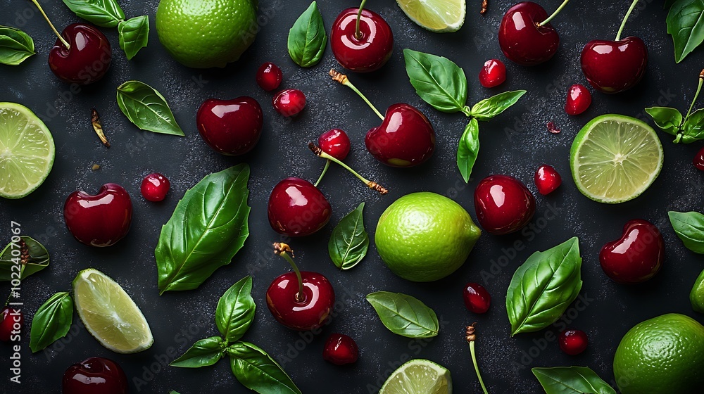 Poster a vibrant array of fresh cherries, limes, and basil leaves against a dark background, creating a vis