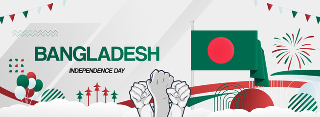Bangladesh national or independence day festive banner. Abstract minimal design for holiday celebration, greeting card, billboard, sport event backdrops. March 26. Happy Bangladesh Independence Day