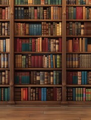 Wooden shelves are packed with various textbooks and academic literature, creating a warm and inviting atmosphere for study. Generative AI