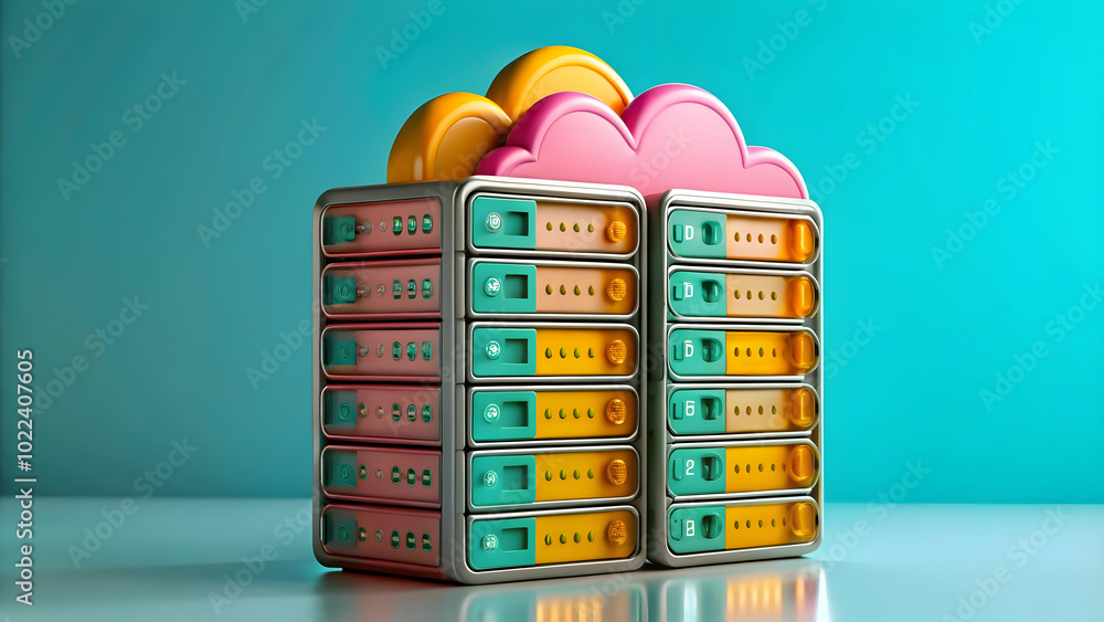 Poster glossy server racks with cloud icons: capturing advanced cloud infrastructure development competence