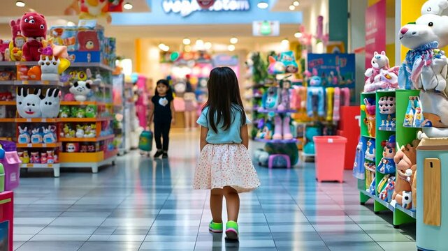 Exploring a Vibrant Toy Store Alleyway While a Young Child Discovers Colorful Treasures