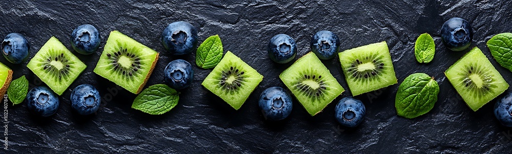 Poster a vibrant display of kiwi and blueberries on a dark surface, accented with fresh mint leaves, creati