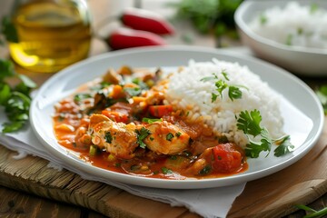 Chicken curry with rice and vegetables on wooden background.