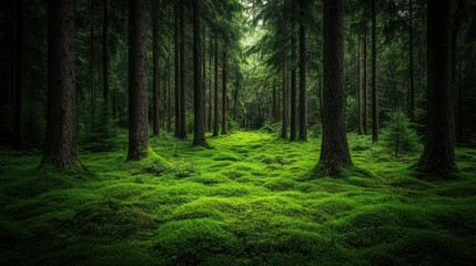 Obraz premium A dense forest with tall trees and a thick carpet of moss on the forest floor.